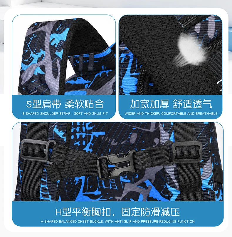 Black and blue patterned school backpack set for boys featuring an S-shaped shoulder strap and H-shaped chest buckle