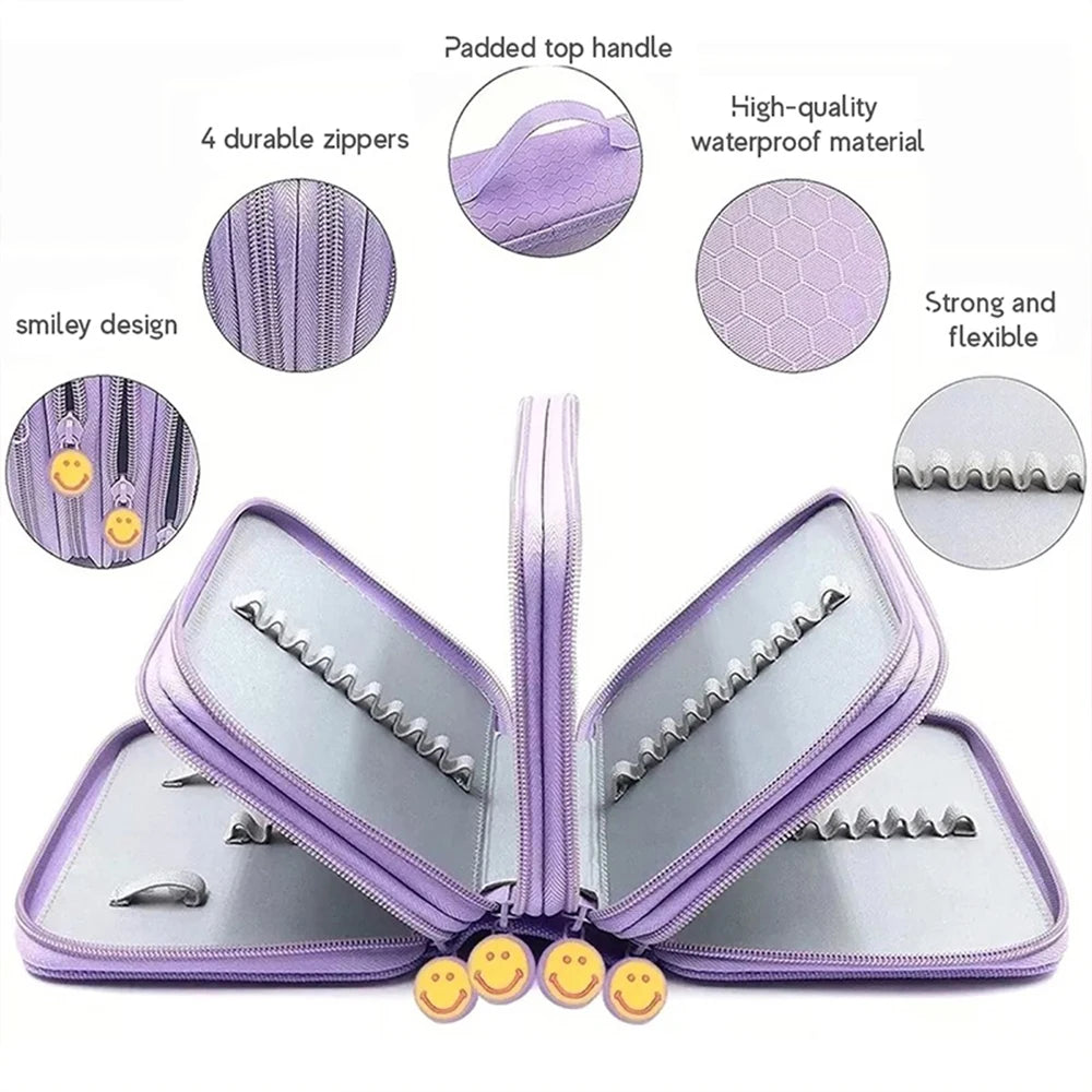 Purple pencil case with a smiley design featuring padded top handle and durable zippers
