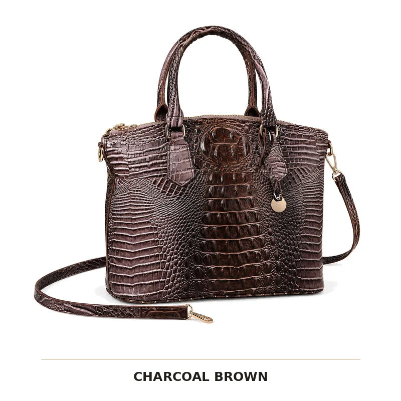 Dunkelbraunes Krokodilmuster-Top-Handtasche mit Crossbody-Gurt.