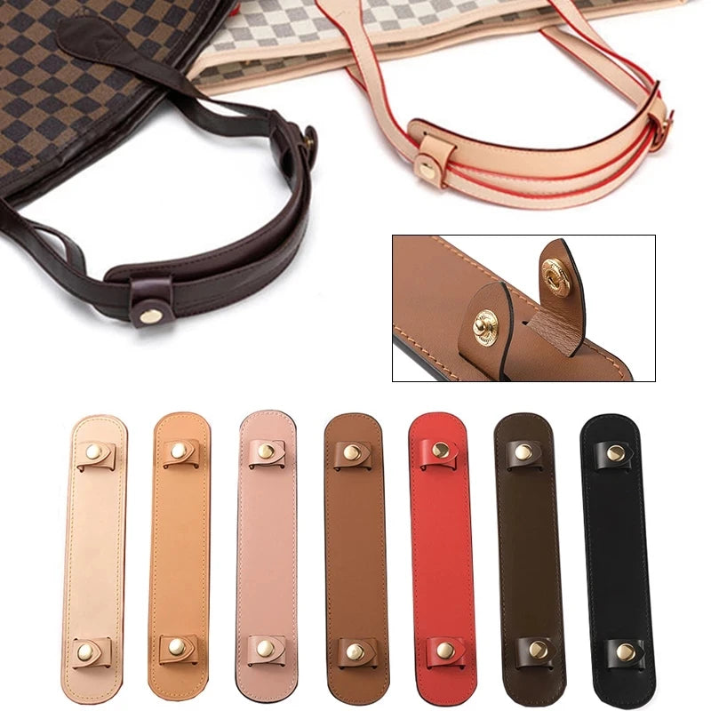 A collection of leather handbag carry loops and straps in various shades including brown, tan, pink, and black.