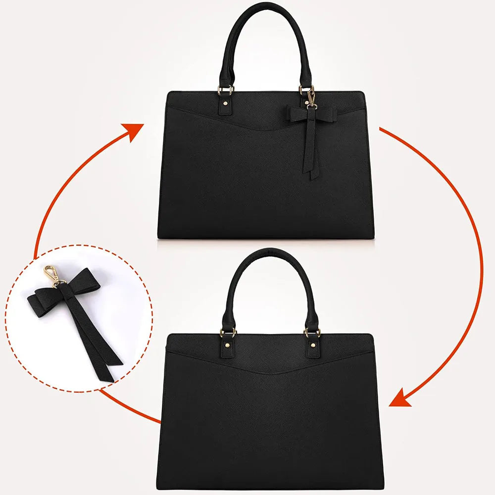 A black premium PU leather laptop tote bag with a handle and a bow detail.