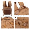 A tan tactical backpack showing features like a breathable design, sturdy handle, double zipper, and high quality buckle.