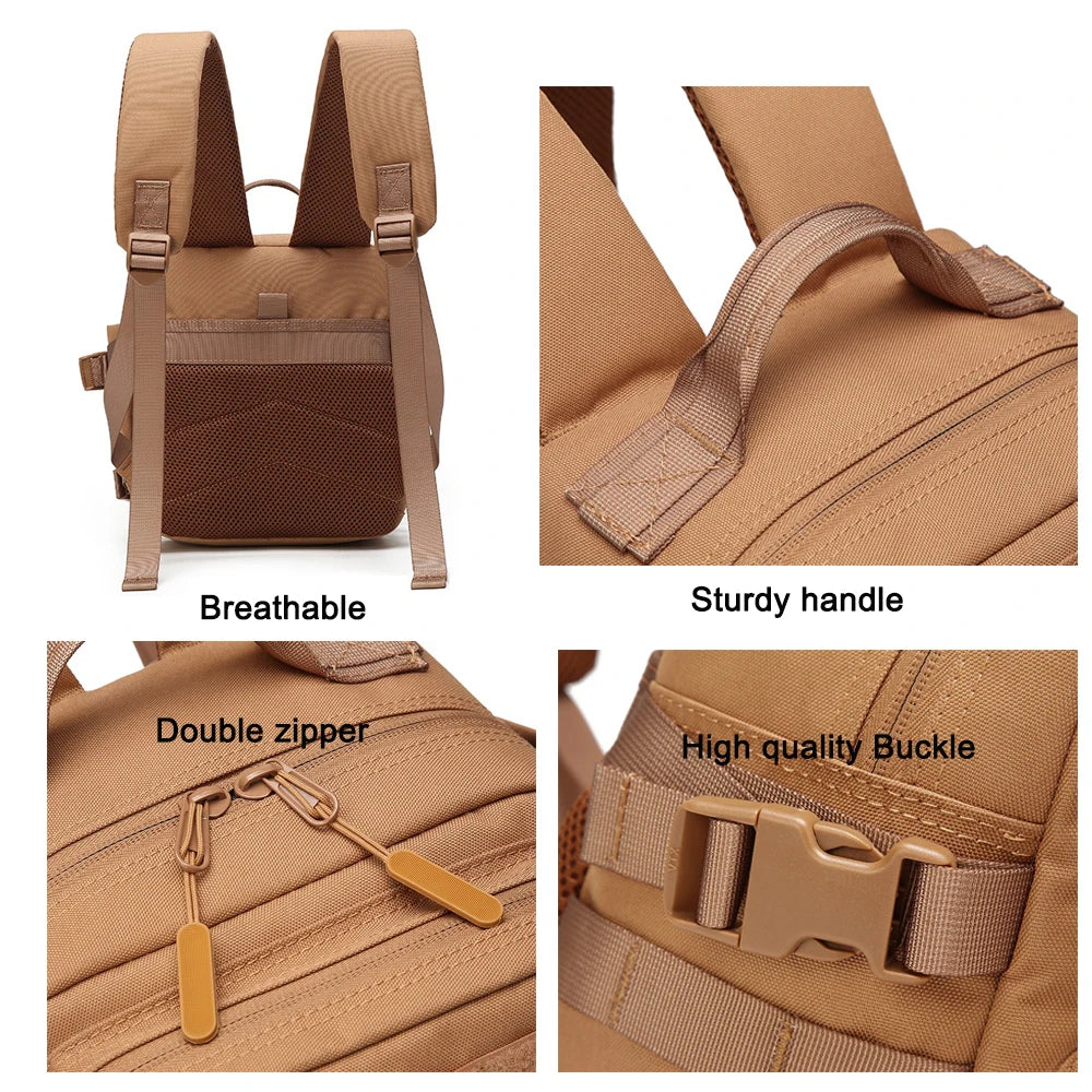 A tan tactical backpack showing features like a breathable design, sturdy handle, double zipper, and high quality buckle.