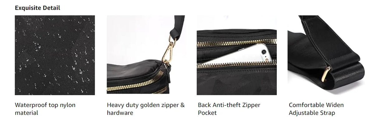 A black nylon crossbody bag featuring a gold zipper and an adjustable strap.