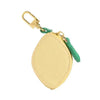 Gelbes Zitronenfrucht-Charm Münztasche Schlüsselanhänger mit grünem Band und goldenem Verschluss.