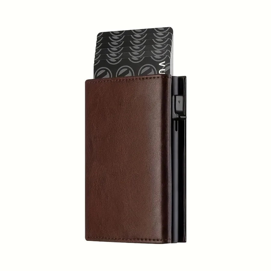 Braun-Leder-Minimalistische Pop-up-Kreditkarten-Wallet mit schwarzer Karte sichtbar.