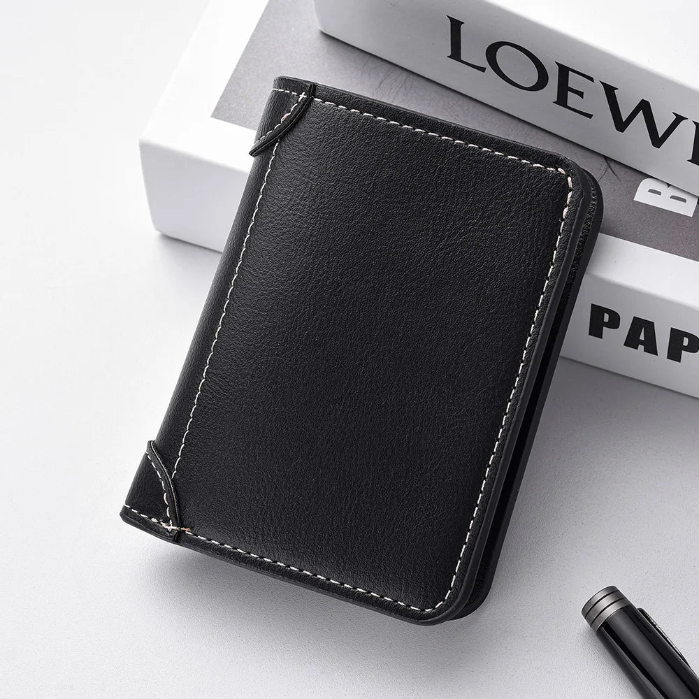 A black ultra-thin PU leather credit card wallet for men lying on a white surface.