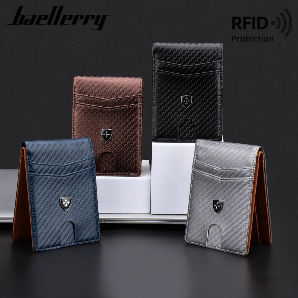 Three slim leather wallets in brown, black, and gray are displayed with RFID protection features.