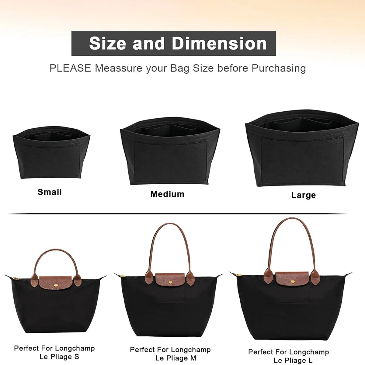 Three sizes of black felt organizer inserts for handbags: Small, Medium, and Large.