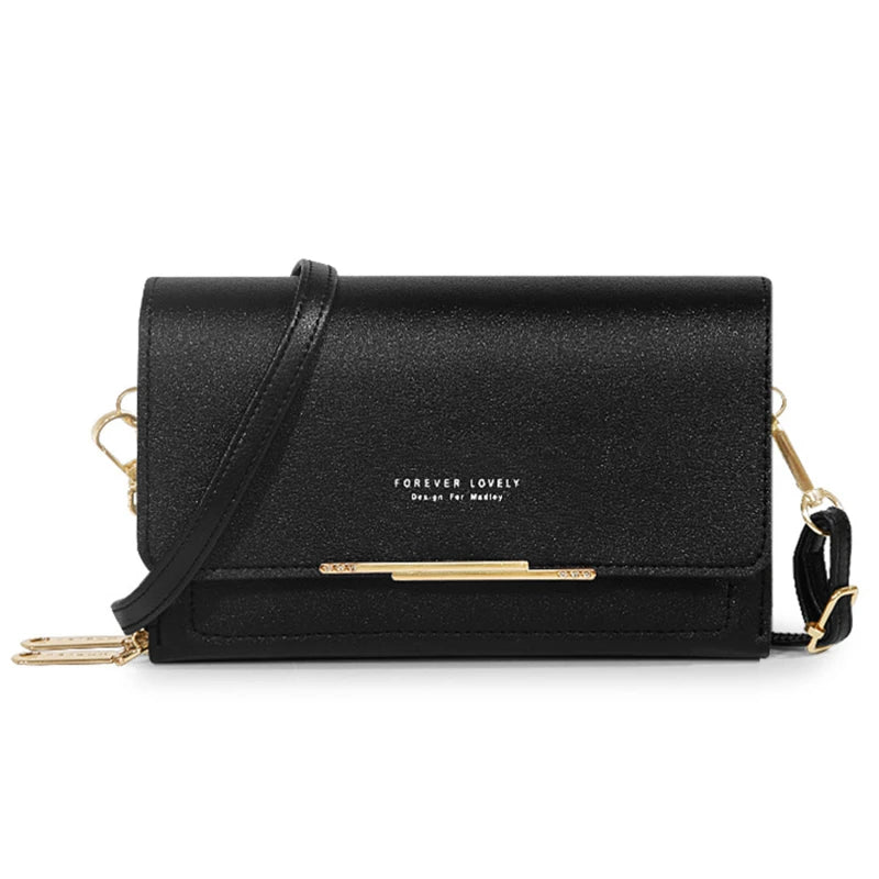Black leather women's multi-card shoulder wallet with gold hardware