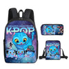 A purple and blue Demon Hunters Kpop themed backpack featuring an animated character.