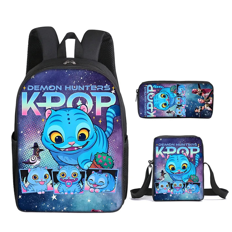 A purple and blue Demon Hunters Kpop themed backpack featuring an animated character.