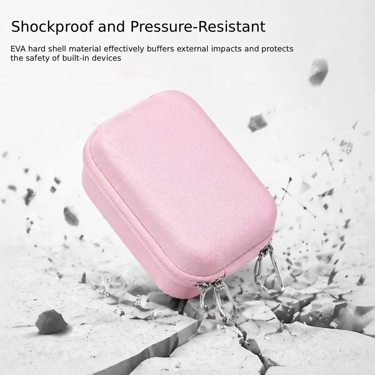 Pink EVA hard shell camera travel case demonstrating shockproof and pressure-resistant protection.