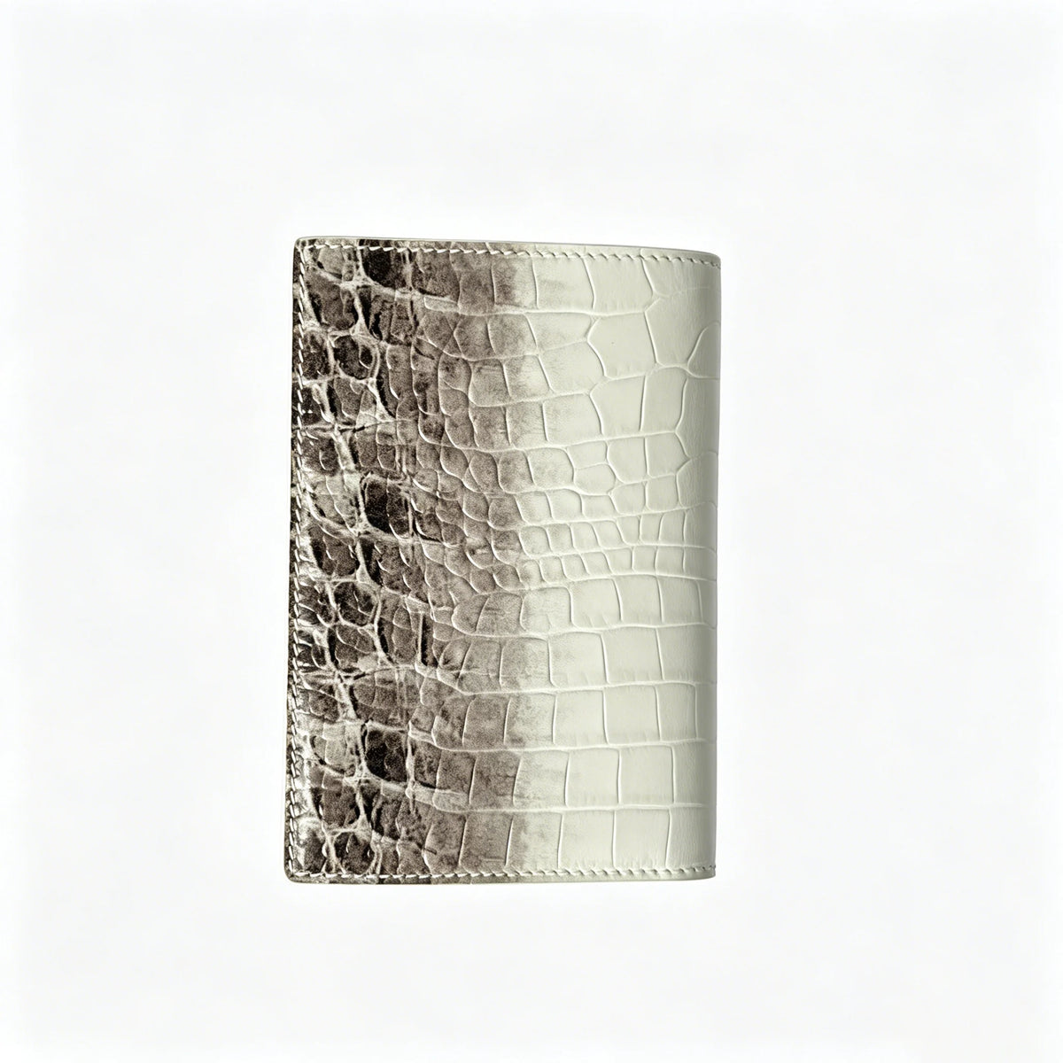 A beige leather passport holder with a crocodile pattern texture.