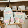 A light blue and pink Kawaii Harajuku backpack with a laptop compartment displayed on a wooden shelf.