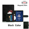 Cartera de cuero negro para pasaporte que muestra un pasaporte y características magnéticas.