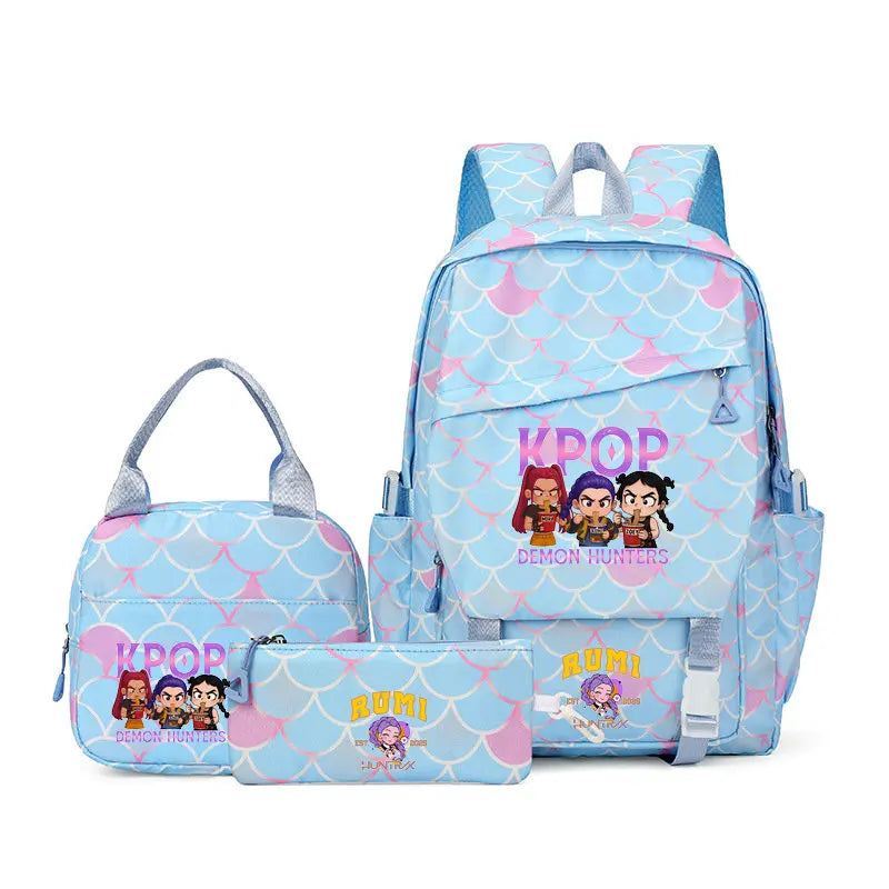 A light blue and pink multi-compartment casual backpack featuring Demon Hunters themed designs.