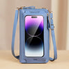 Helles blaues durchsichtiges Multifunktions-Crossbody-Handybeutel mit Trageriem, vor neutralem Hintergrund.