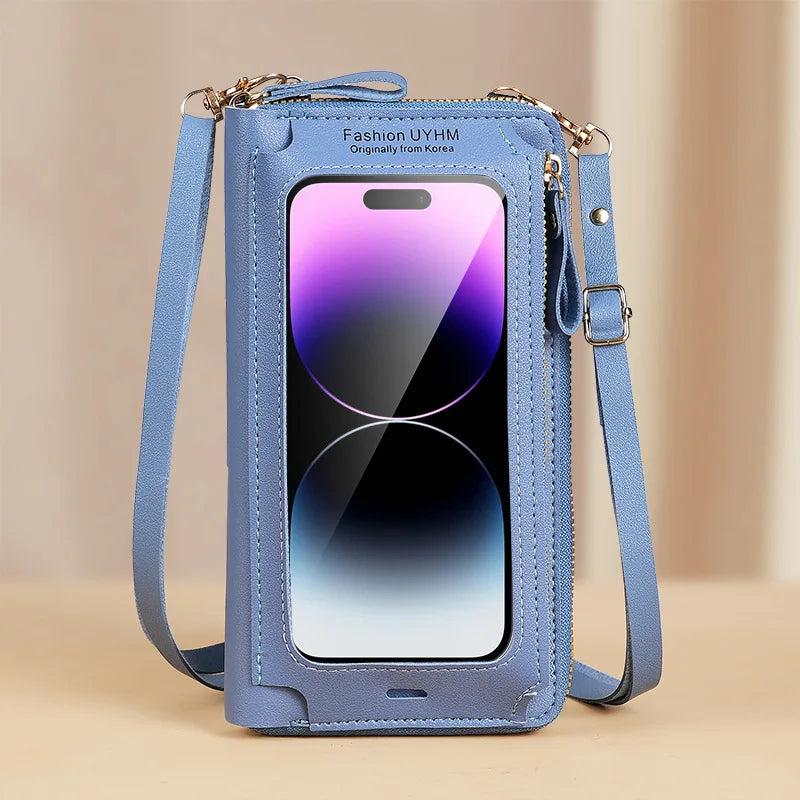 Helles blaues durchsichtiges Multifunktions-Crossbody-Handybeutel mit Trageriem, vor neutralem Hintergrund.