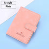 A pink PU leather passport and ID holder cover with a stitched edge shown on a light blue background.