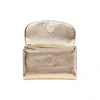 A gold-toned genuine leather mini card holder wallet with a textured finish, shown open.