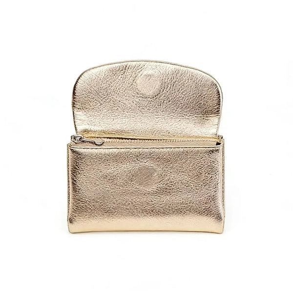 A gold-toned genuine leather mini card holder wallet with a textured finish, shown open.