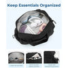 A black travel and fitness bag is shown open, displaying various accessories like headphones and storage pockets.