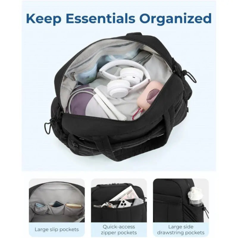 A black travel and fitness bag is shown open, displaying various accessories like headphones and storage pockets.