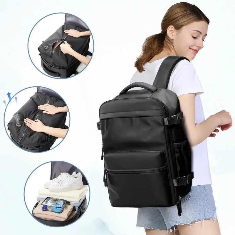 A woman is holding a black expandable vacuum compression travel backpack, showing its features and size.