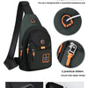 A dark green compact oxford crossbody sling bag with adjustable straps and a headphone cable hole.