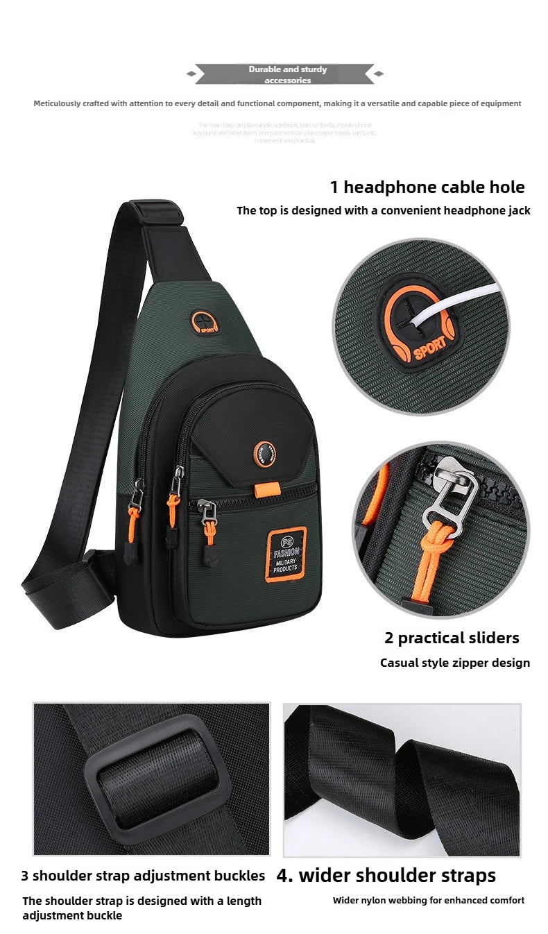A dark green compact oxford crossbody sling bag with adjustable straps and a headphone cable hole.