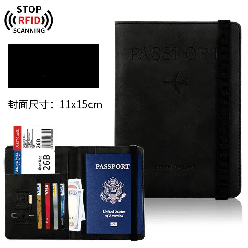Porte-document passeport et carte d'identité anti-RFID avec couverture en cuir et document de passeport interne.