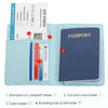 A light blue slim passport holder displaying various card slots for boarding passes, passports, and vaccine cards.