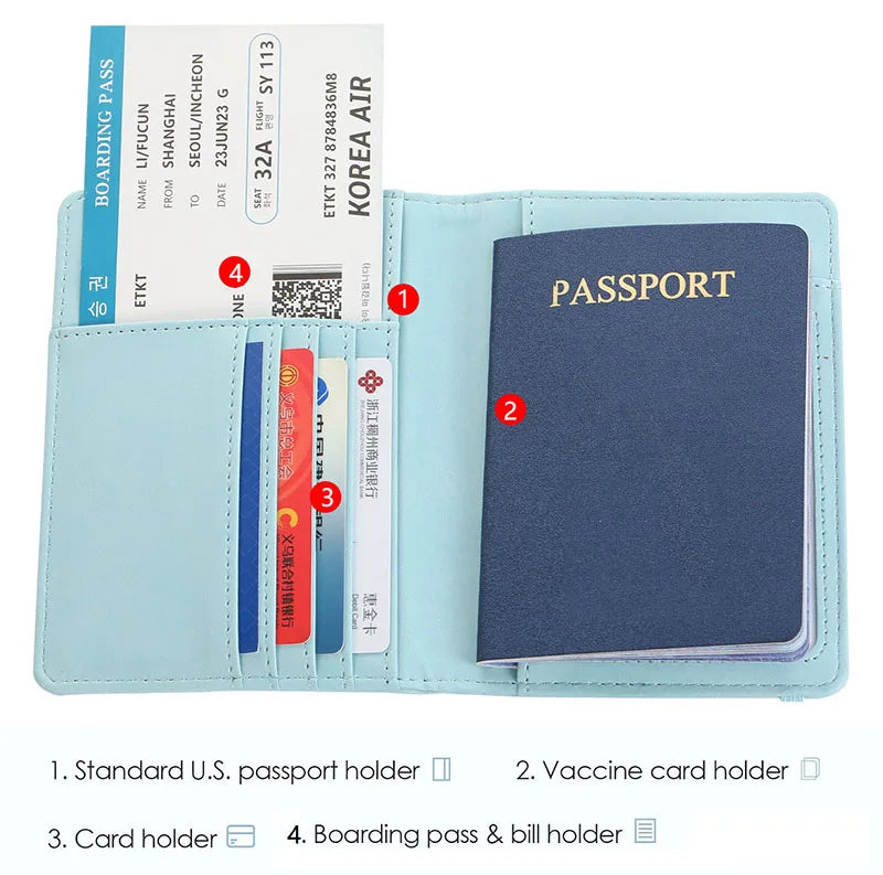 A light blue slim passport holder displaying various card slots for boarding passes, passports, and vaccine cards.