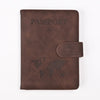 A brown genuine PU leather passport and ticket wallet cover with the word PASSPORT embossed on it.