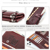 A brown genuine leather vintage clutch wallet showing various features like metal zippers and pockets.