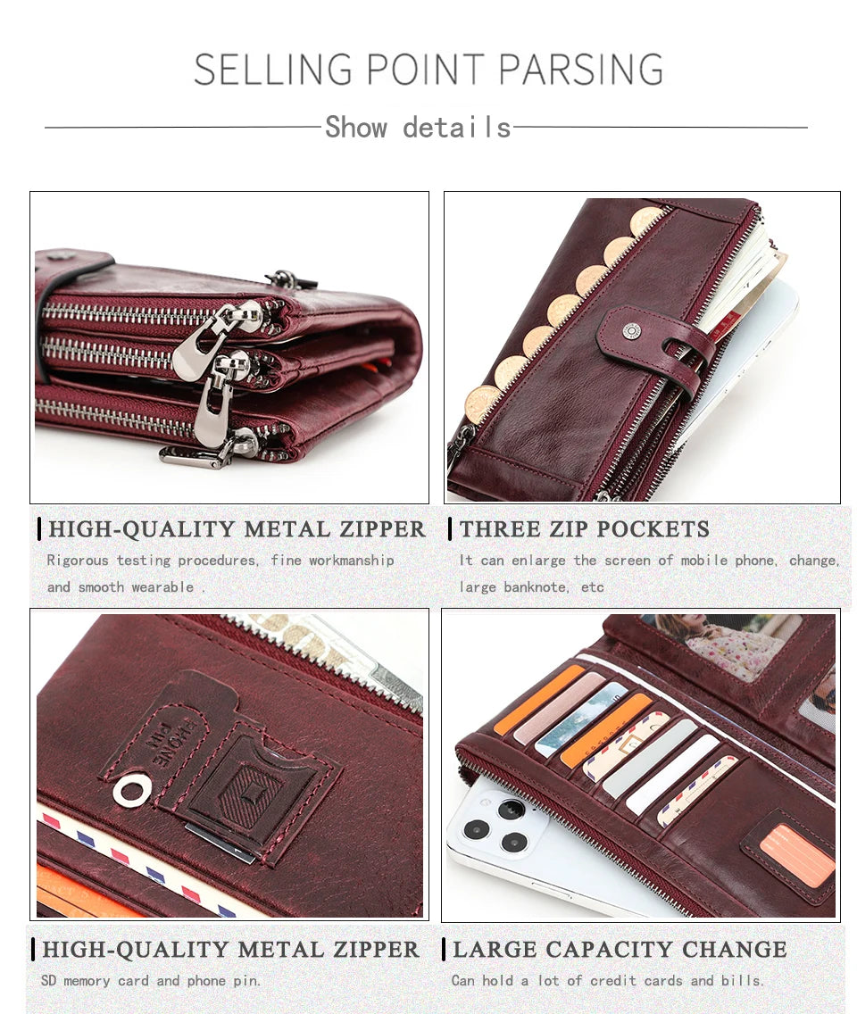 A brown genuine leather vintage clutch wallet showing various features like metal zippers and pockets.