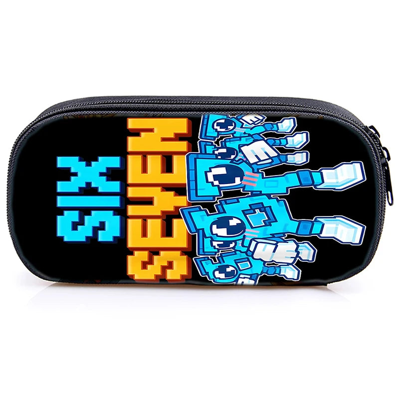 Black zippered pouch featuring the text SIX SEVEN in orange and blue neon colors.