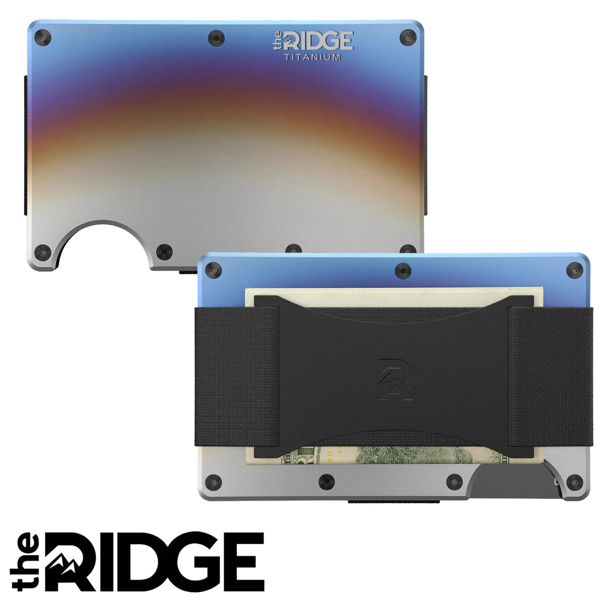 A titanium slim RFID blocking wallet shown in two views, highlighting its design and material.