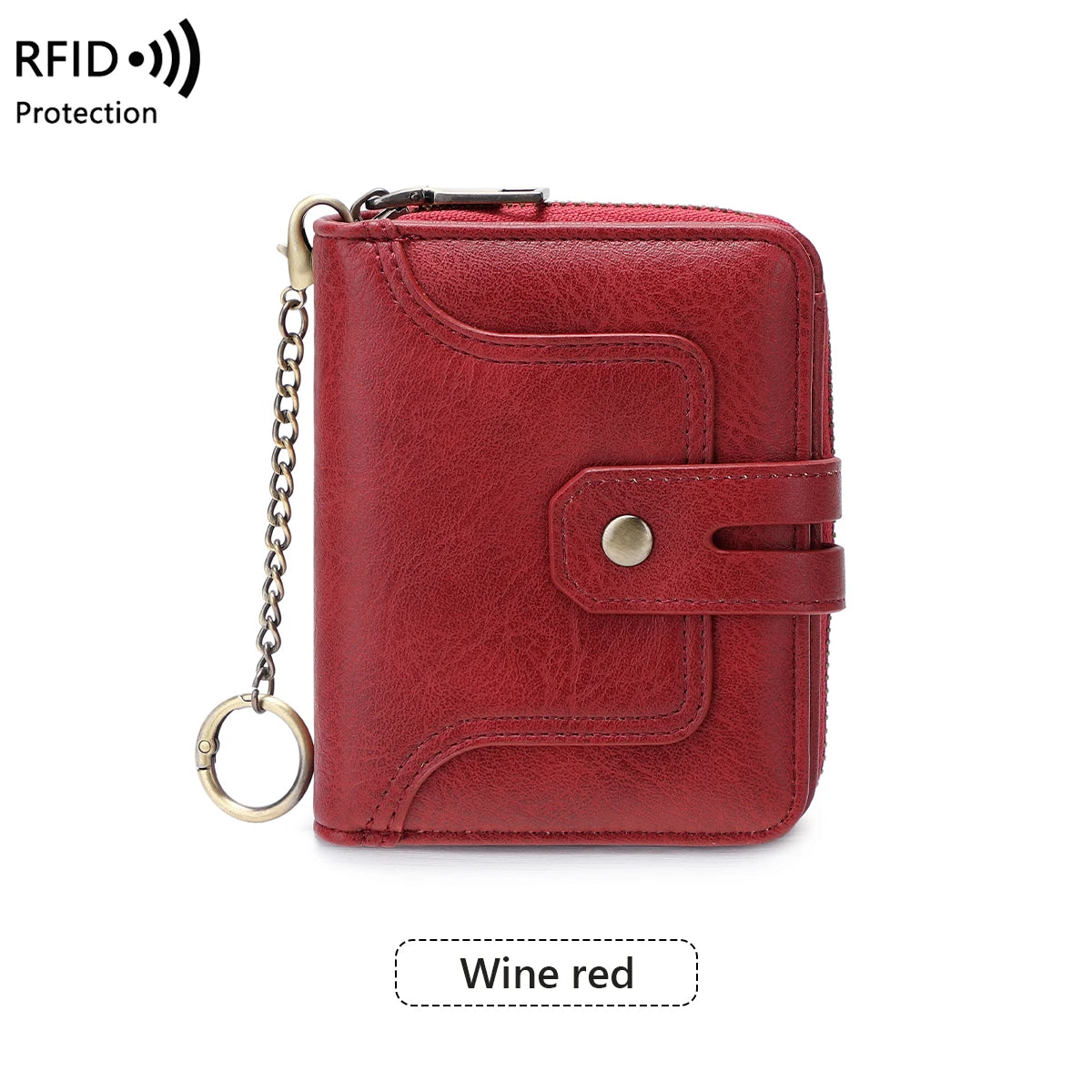 A red leather RFID protected bi-fold wallet with a metal chain attached.