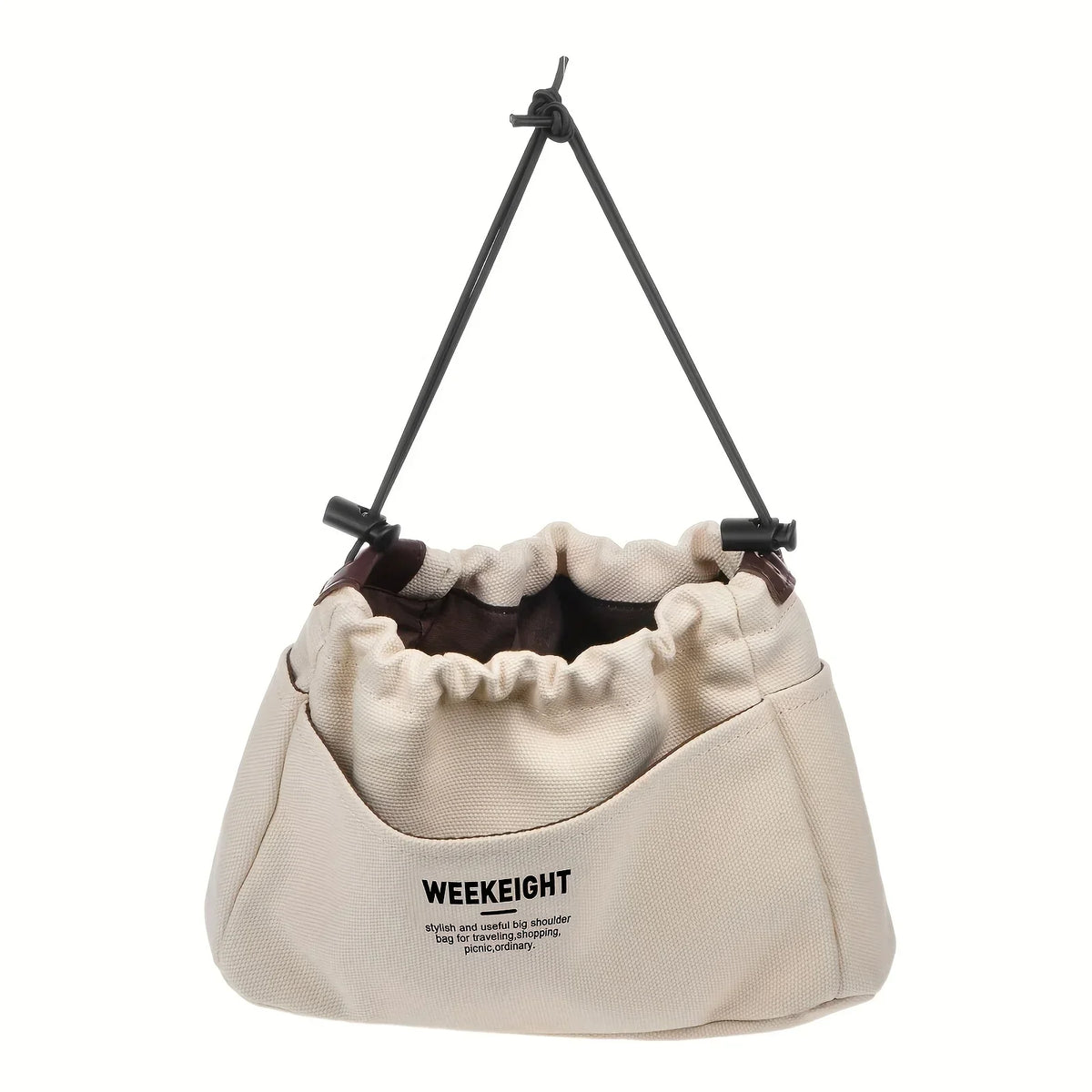 A beige drawstring canvas storage organizer bag with black cord handles.