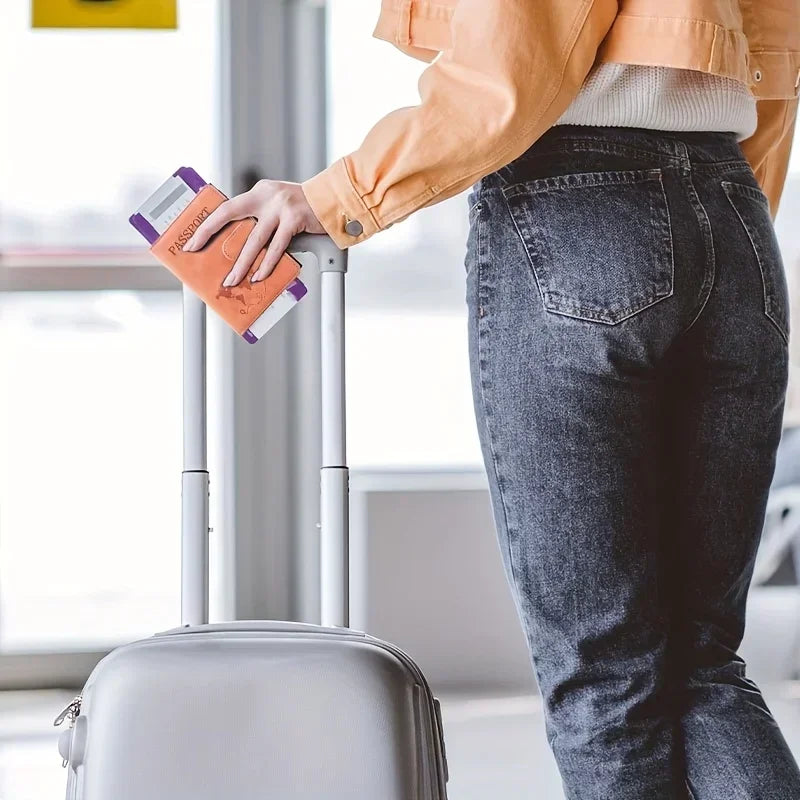 A person holds an orange RFID blocking passport wallet in their hand next to a silver rolling suitcase.