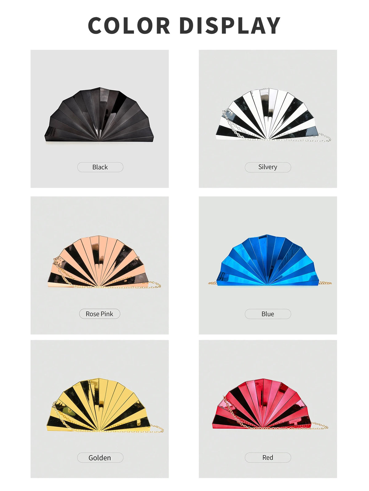 Color display showing various shades of black, silvery, rose pink, blue, gold, and red acrylic chain crossbody bags.