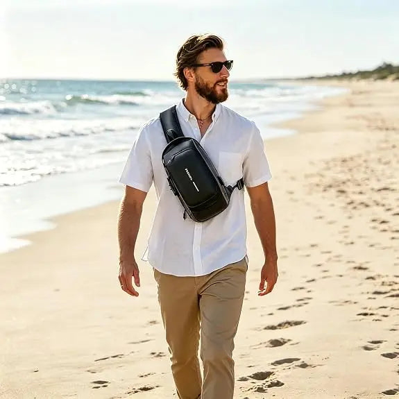 Un hombre con camisa blanca y gafas de sol camina por una playa con un bolso cruz negro.