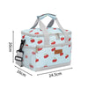 Light blue insulated thermal lunch bag with a checkered pattern and fabric handles