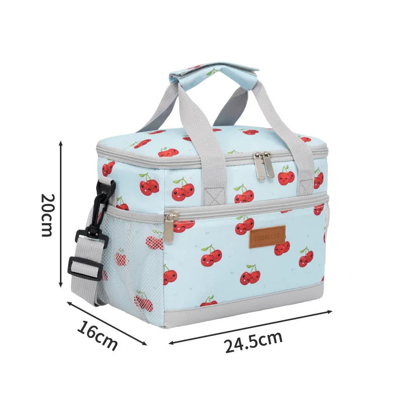 Light blue insulated thermal lunch bag with a checkered pattern and fabric handles