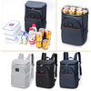 A dark blue insulated thermal cooler backpack with multiple yellow and silver food containers.