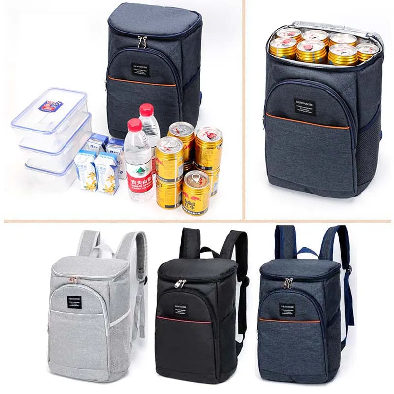 A dark blue insulated thermal cooler backpack with multiple yellow and silver food containers.