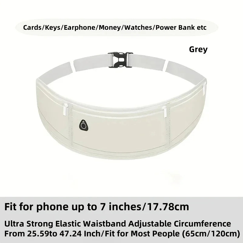 Grey elastic wristband or waist pack for holding cards keys earphones money watches and power bank