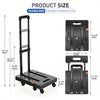 A black heavy duty folding hand truck luggage cart shown with its unfolded and folded sizes.